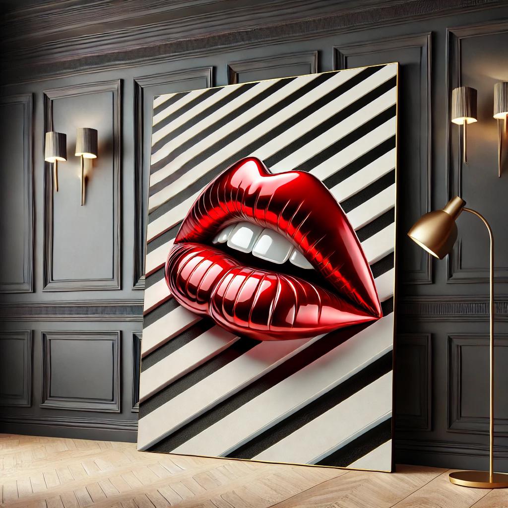 3D Red Lips Canvas, Modern Pop Art Print, Optical Illusion Wall