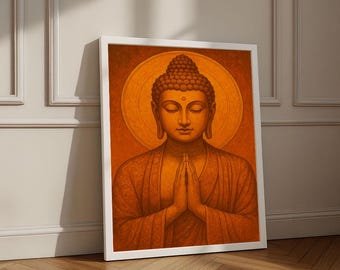 May include: A framed art print featuring a serene depiction of Buddha. The artwork showcases Buddha in a meditative pose with hands clasped in prayer. The color palette is warm, with shades of orange and brown, and a golden halo.
