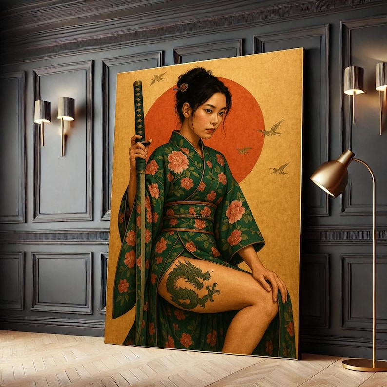 Samurai Woman Dragon Tattoo Canvas Art, Japanese Katana Print - Etsy