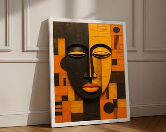 Uitdagend Afrikaans portret canvas muurkunst print | Geometrisch oranje woonkamerdecoratie | Statementstuk