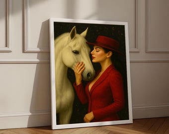 Impresión en lienzo de mujer y caballo / Arte mural minimalista