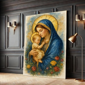 Arte de la Virgen María y el Niño Jesús, impresión cristiana en lienzo para pared, póster religioso de Madre e Hijo, listo para colgar, arte de pared en lienzo para decoración del hogar