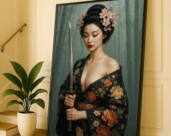 Elegante retrato de geisha en lienzo, arte de pared impreso, estilo japonés, decoración para sala de estar, pieza llamativa