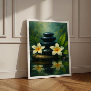 Calming Zen Stones and Flowers Canvas Wall Art Print | Minimalist Spa Living Room Decor | Ready to Hang