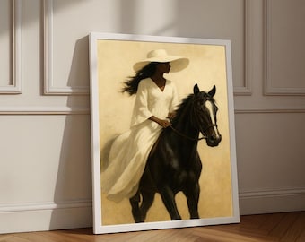 Impresión artística de lienzo para pared con una elegante mujer a caballo, decoración minimalista para sala de estar, pieza llamativa