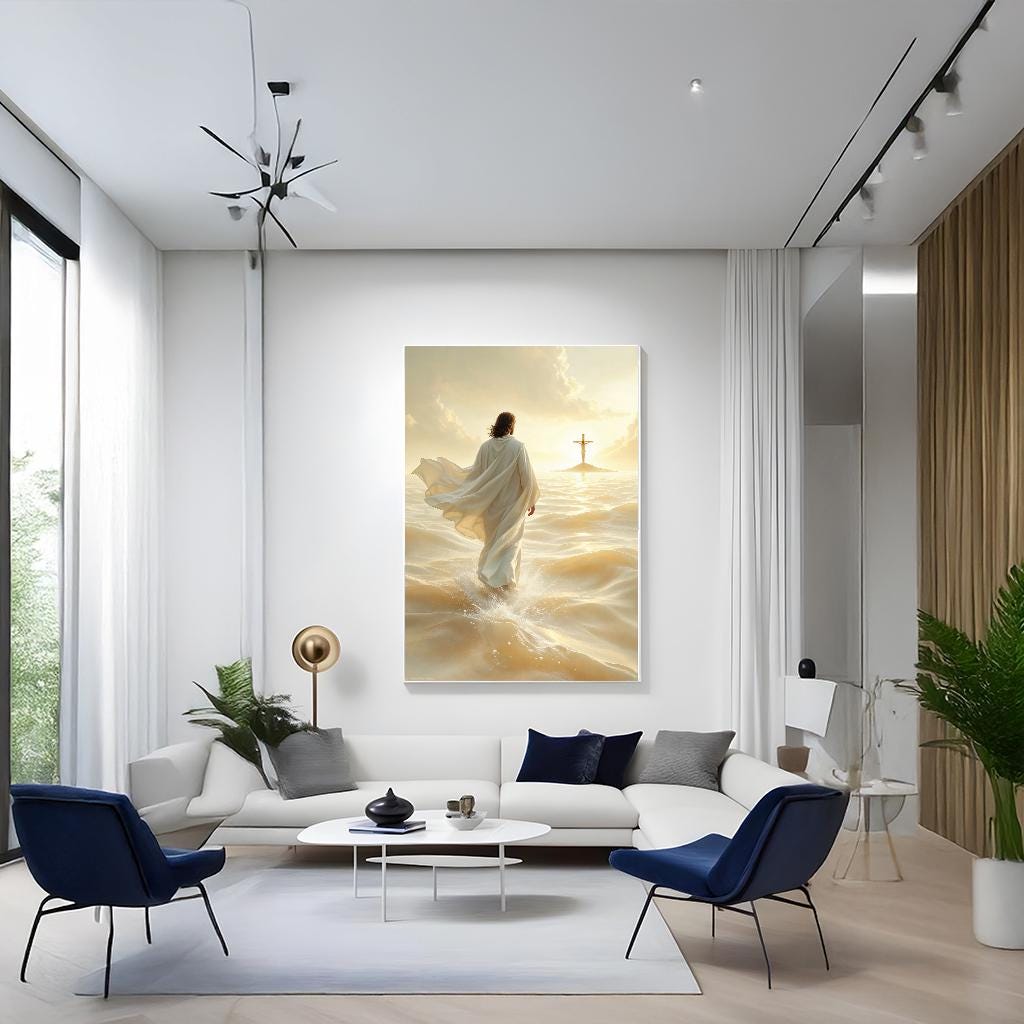 Jesus Walking on Water Canvas Wall Art Print – Christian Religious Ocean Painting for Faithful Home Decor
