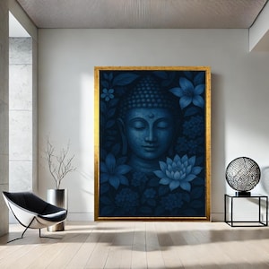 Blue Buddha With Lotus Flowers, Spiritual Canvas Art, Zen Wall Print, Meditation Decor Poster, Ready to Hang, Canvas Wall Art Home Decor