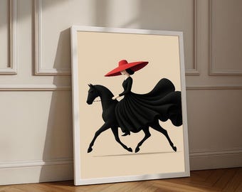 Stylish Woman on Horse Canvas Wall Art Print | Modern Living Room Decor | Statement Piece