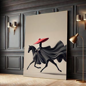 Può includere: Un cavallo nero con una donna in un cappello rosso e un vestito nero che lo cavalca. Il cavallo sta correndo e l'abito della donna fluttua dietro di lei.