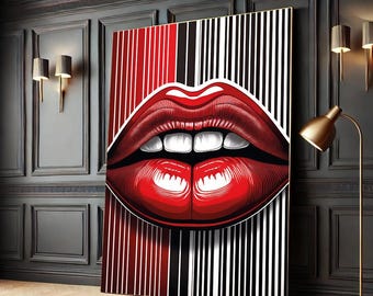 Glossy Red Lips Canvas Art, Optical Illusion, Modern Pop Art Print