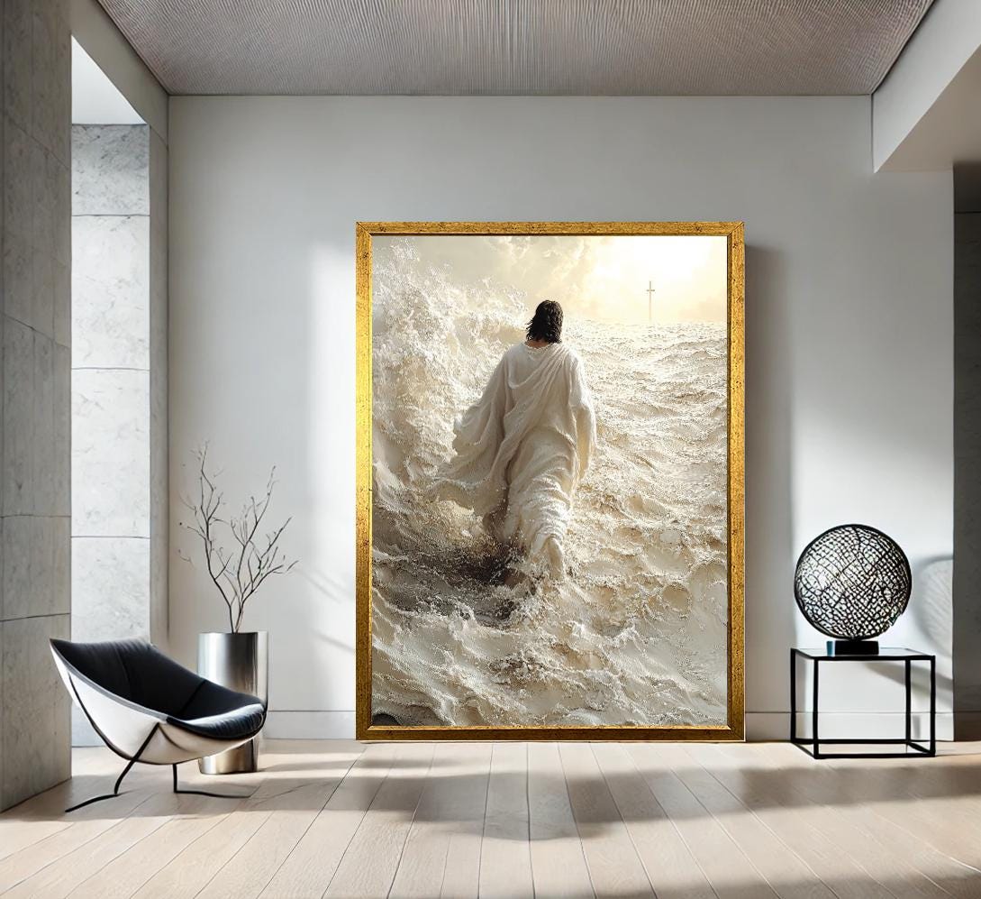 Jesus Walking on Water Canvas Wall Art Print Ready To Hang – Christian Religious Ocean Painting for Faithful Home Decor