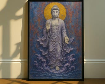 Puede incluir: Obra de arte enmarcada que representa una figura de Buda de pie. El Buda está vestido con una túnica lavanda, con un halo dorado detrás de la cabeza. El fondo es una mezcla de tonos azules y naranjas, con agua estilizada en la base.