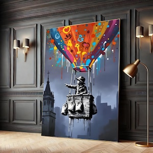 Colorful Graffiti Heart Balloon Canvas, Urban Street Art Wall Print, Banksy Inspired Boy Poster, Modern Pop Art for Home Decor