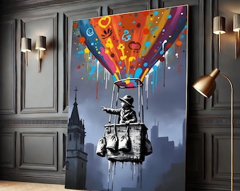 Colorful Heart Balloon Canvas, Banksy Inspired Street Art Print