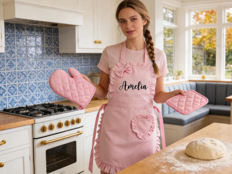 Pode incluir: Avental rosa com babados, um la&ccedil;o e o nome "Amelia" em escrita cursiva. Luva de forno e pegador de panela rosa combinando. O avental tem um bolso em forma de cora&ccedil;&atilde;o. Em uma cozinha.