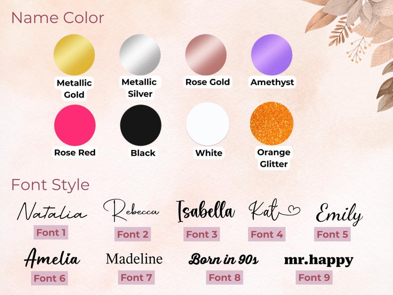 Pode incluir: Imagem mostrando op&ccedil;&otilde;es de cores e estilos de fonte para itens personalizados. As op&ccedil;&otilde;es de cores incluem ouro met&aacute;lico, prata met&aacute;lica, ouro rosa, ametista, vermelho rosa, preto, branco e glitter laranja. Os estilos de fonte s&atilde;o exibidos com nomes de exemplo.