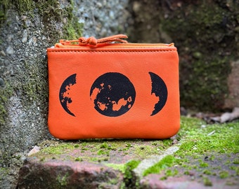 Mini Moon Phase Pouch, Orange Leather, Orange Moon