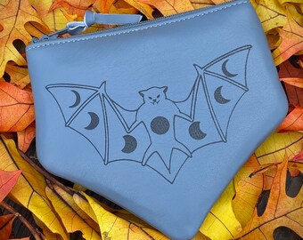 Leather Bat Pouch, Bat Zip Pouch, Moon Phase Zip Pouch