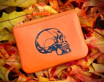 Skull Pouch, Orange Leather, Orange Skull