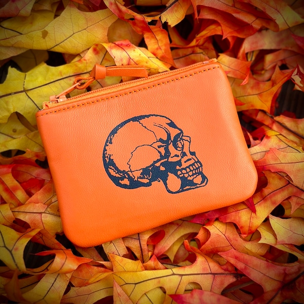Handmade Orange Leather Skull Pouch: Screen Printed Coin Purse