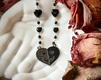 Split Jackolantern Black Beaded Necklace, Heart Beads, Jackolantern Necklace