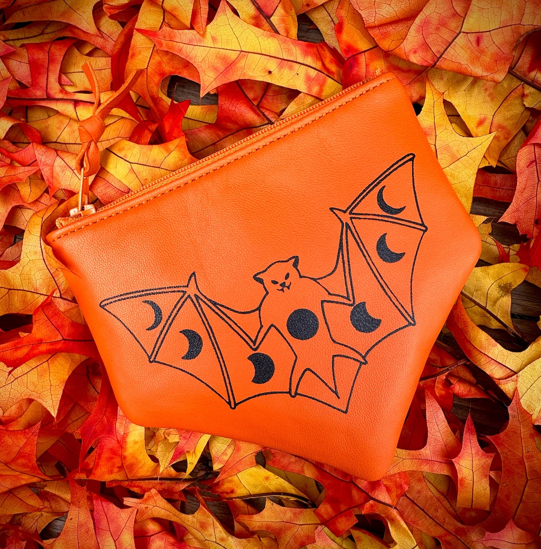 Orange Leather Bat Pouch Bat Zip Pouch Moon Phase Zip Pouch Etsy