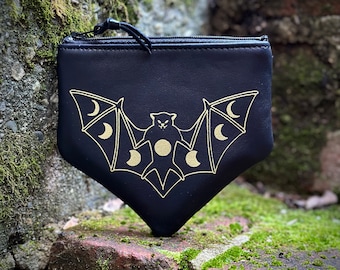 Black leather Bat Pouch, Bat Zip Pouch, Moon Phase Zip Pouch