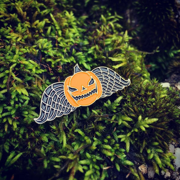 Jackolantern Deathshead Enamel Pin: Polished Silver Nickel, Orange & Black