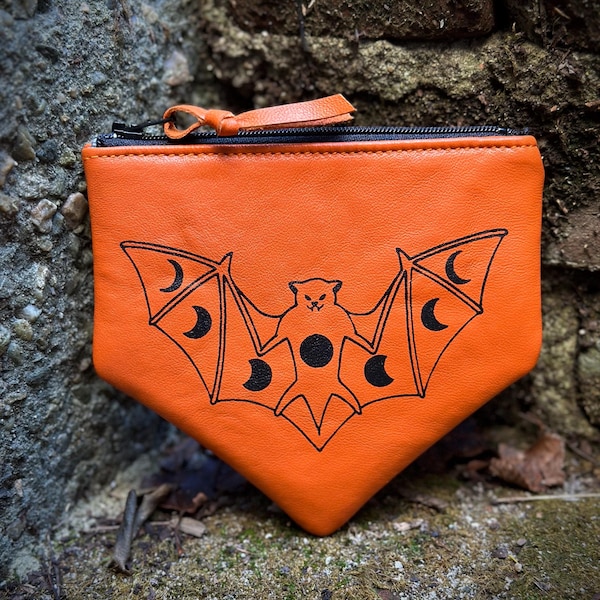 Orange Leather Bat Pouch: Moon Phase Zip Pouch