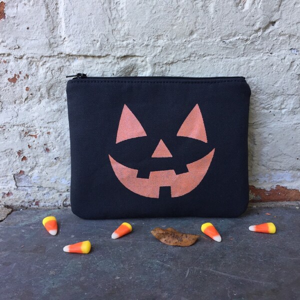 Jack o lantern Zip Pouch, Halloween Pouch, Pumpkin Zip Pouch