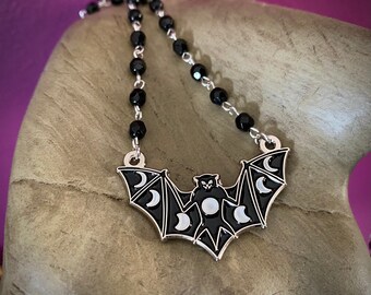 Moon Phase Bat Necklace, Moon Phase, Black Bat, Glow in the Dark