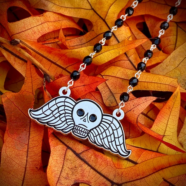 Deathshead Winged Skull Necklace: Black Czech Glass Beaded Memento Mori
