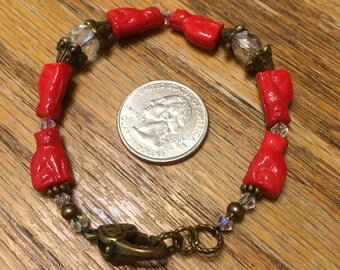 Shiny Red Czech pressed glass cat bead bracelet