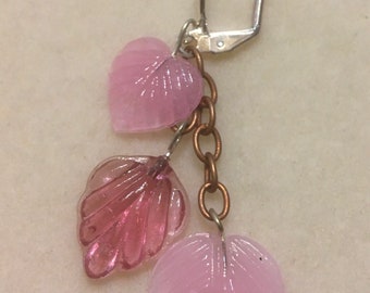 Pink Mauve Czech glass leaf earrings