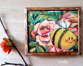 Framed Floral watercolour painting with resin - Mischevious Bees