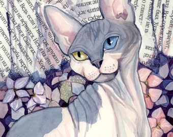 Original watercolour cat Painting - Sphynx