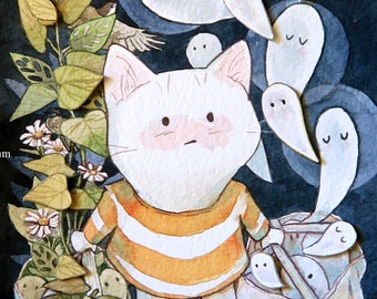 Original watercolour cat ghost painting - Where are you taking me?