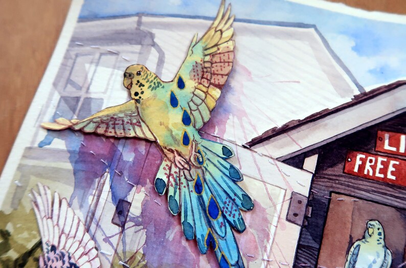 Original Watercolour Budgies Bird Painting Happy Birb Drop image 4