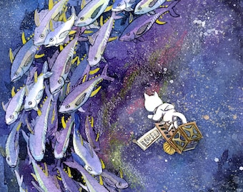 Original Watercolour Painting - Tuna in Space