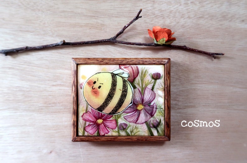 Framed Floral watercolour painting with resin Mischevious Bees image 7