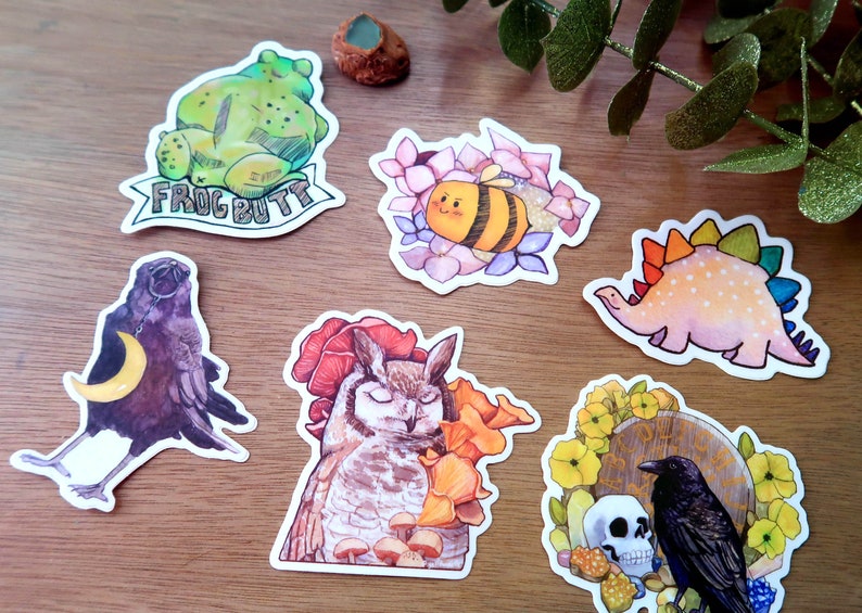 Single 3 Vinyl Sticker Bee, Crow, Frog Butt, or Owl with Mushrooms image 1