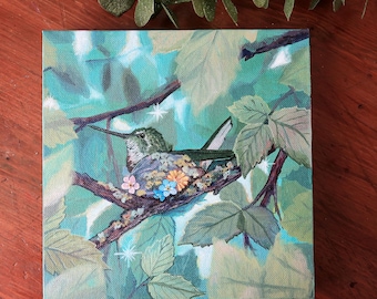 Original Acrylic Hummingbird Painting - Nesting
