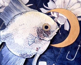 Original Watercolour Angel Fish Moon Painting - Eternal Beloved Moon