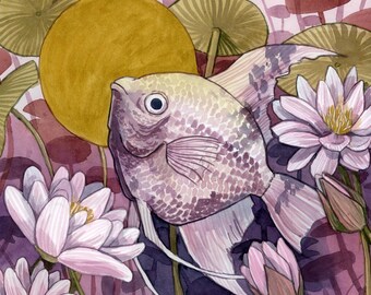 Original Watercolour Angel Fish Painting - Eternal Beloved Sun