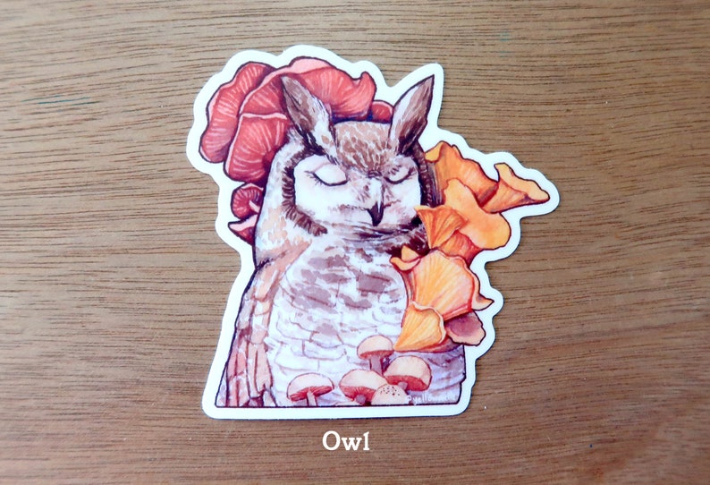 Single 3 Vinyl Sticker Bee, Crow, Frog Butt, or Owl with Mushrooms Owl