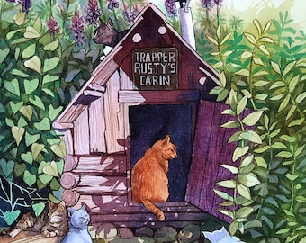Original Watercolour Cat Painting - Trapper Rusty's Cabin