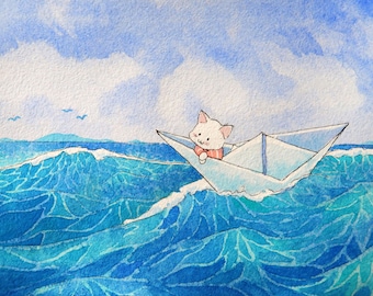 Handmade PAINT BY NUMBER Watercolour kit - Paper Boat on the Ocean