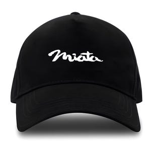 May include: A black baseball cap with a white embroidered "Miata" logo.