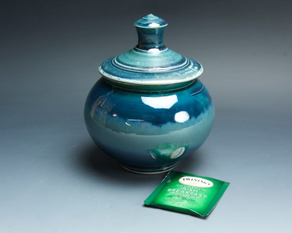 Handmade Stoneware Sugar Bowl Storage Jar Tea Caddy Deep Blue Image 0