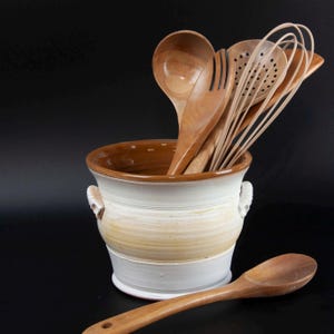 Marked down 30%. Second. Handmade pottery kitchen utensil holder, earthenware spoon holder. 8285